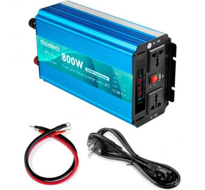 Choetech Автомобільний інвертор Choetech 12/220V 800Вт, з функцією ДБЖ, чиста синусоїда (INV-C800WUPS-EU)