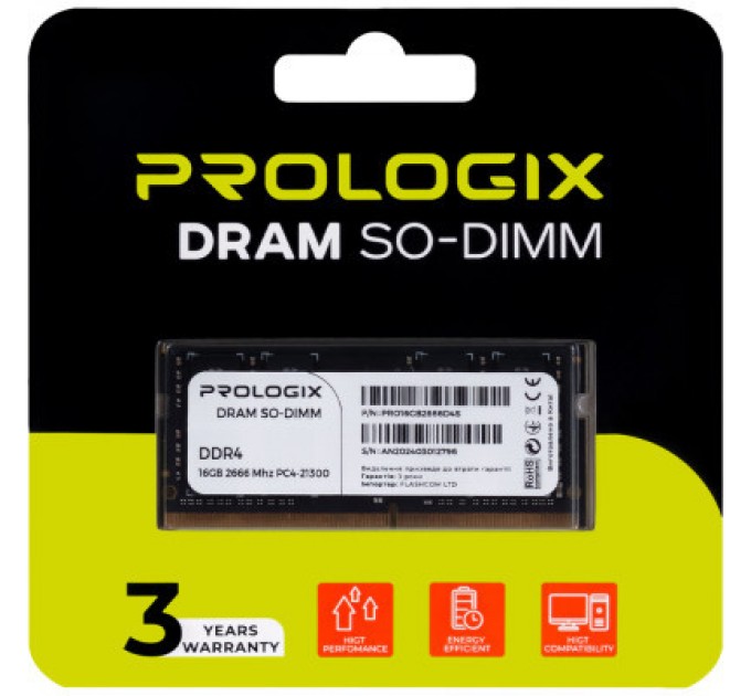Модуль пам'яті для ноутбука SoDIMM DDR4 16GB 2666 MHz Prologix (PRO16GB2666D4S)