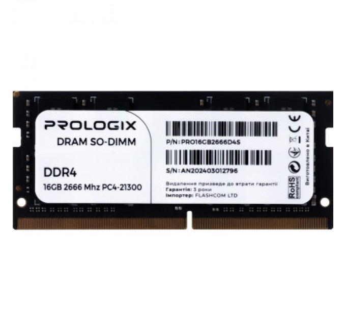 Модуль пам'яті для ноутбука SoDIMM DDR4 16GB 2666 MHz Prologix (PRO16GB2666D4S)