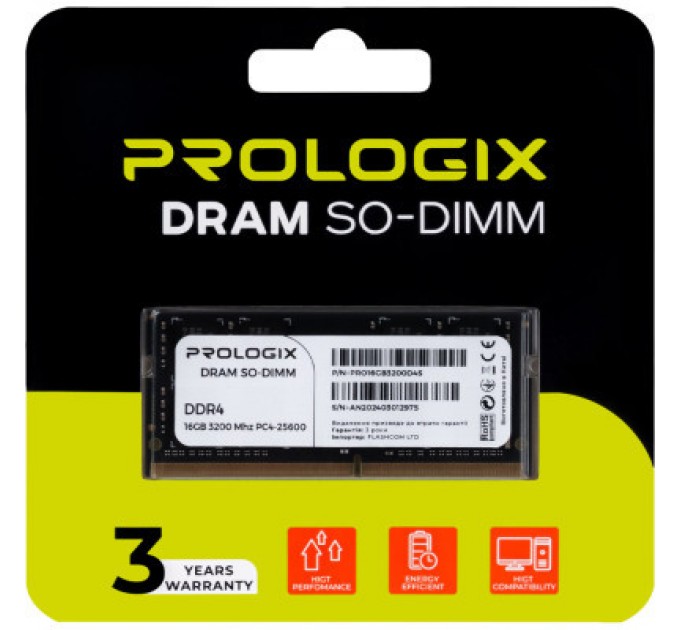 Prologix Модуль пам'яті для ноутбука SoDIMM DDR4 16GB 3200 MHz Prologix (PRO16GB3200D4S)