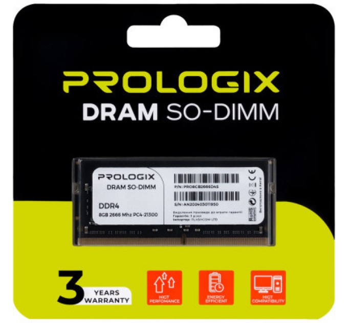 Модуль пам'яті для ноутбука SoDIMM DDR4 8GB 2666 MHz Prologix (PRO8GB2666D4S)