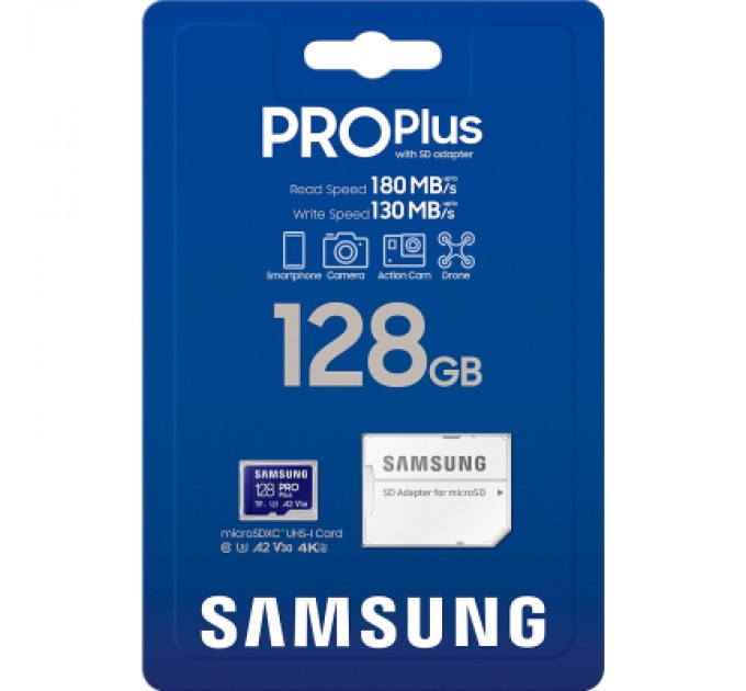 Карта пам'яті Samsung 128 GB microSDXC Pro Plus UHS-I U3 V30 A2 Class 10 + SD-adapter (MB-MD128SA/EU)