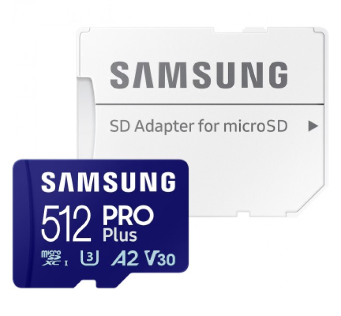 Карта пам'яті Samsung 512 GB microSDXC Pro Plus UHS-I U3 V30 A2 Class 10 + SD-adap (MB-MD512SA/EU)