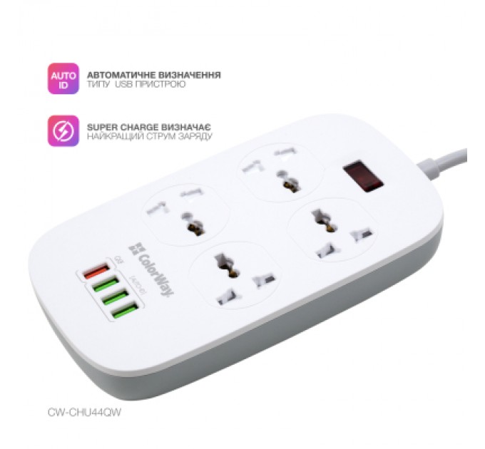 ColorWay Мережевий фільтр живлення ColorWay 4 розетки/4USB White 1.8м (1QC3.0 + 3 AUTO ID) (CW-CHU44QW)