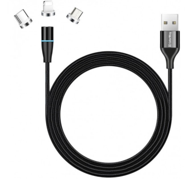 ColorWay Дата кабель USB 2.0 AM to Lightning + Micro 5P + Type-C 1.0m Magnetic ColorWay (CW-CBUU038-BK)