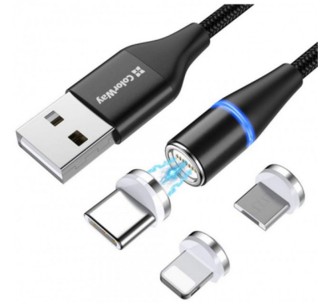ColorWay Дата кабель USB 2.0 AM to Lightning + Micro 5P + Type-C 1.0m Magnetic ColorWay (CW-CBUU038-BK)