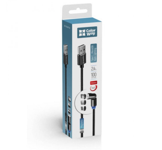 ColorWay Дата кабель USB 2.0 AM to Lightning + Micro 5P + Type-C 1.0m Magnetic Ro ColorWay (CW-CBUU037-BK)