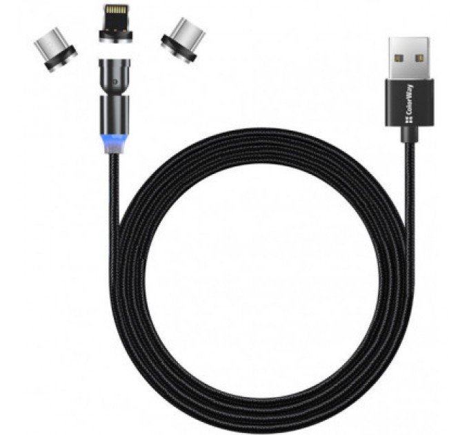 ColorWay Дата кабель USB 2.0 AM to Lightning + Micro 5P + Type-C 1.0m Magnetic Ro ColorWay (CW-CBUU037-BK)