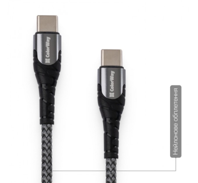 ColorWay Дата кабель USB-C to USB-C 1.0m PD Fast Charging 65W 3А grey ColorWay (CW-CBPDCC040-GR)