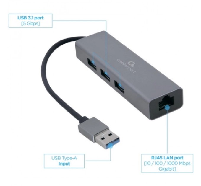 Адаптер USB-A to Gigabit Ethernet, 3 Ports USB 3.1 Gen1 Cablexpert (A-AMU3-LAN-01)