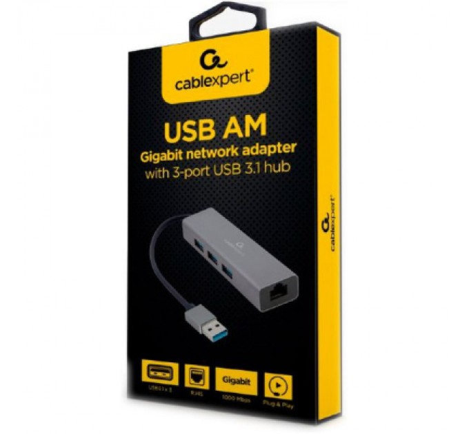 Адаптер USB-A to Gigabit Ethernet, 3 Ports USB 3.1 Gen1 Cablexpert (A-AMU3-LAN-01)