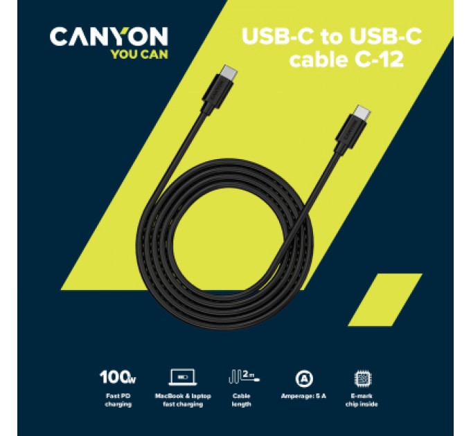 Canyon Дата кабель USB-C to USB-C 2.0m 100W 20V/ 5A black Canyon (CNS-USBC12B)
