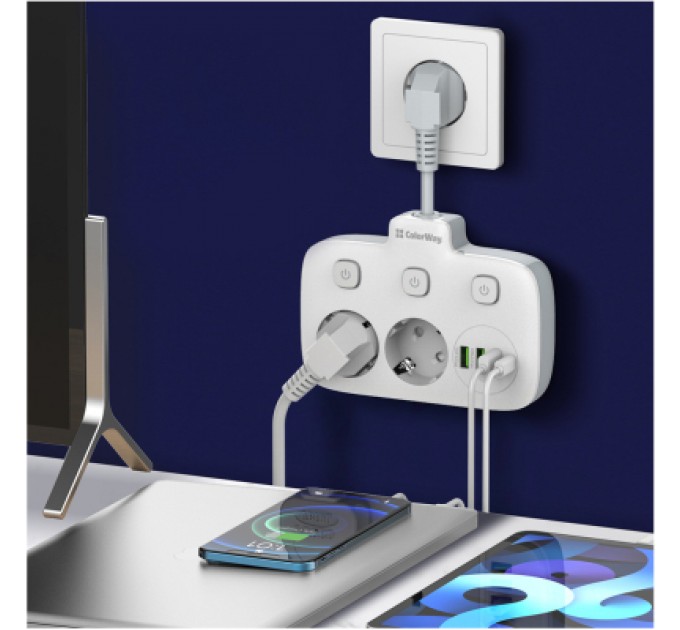 Мережевий фільтр живлення ColorWay CW-CHE24PDW 2 розетки/4USB (CW-CHE24PDW)