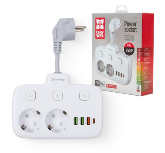 Мережевий фільтр живлення ColorWay CW-CHE24PDW 2 розетки/4USB (CW-CHE24PDW)