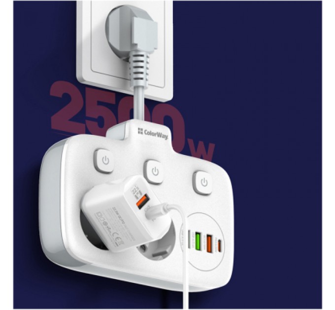 Мережевий фільтр живлення ColorWay CW-CHE24PDW 2 розетки/4USB (CW-CHE24PDW)