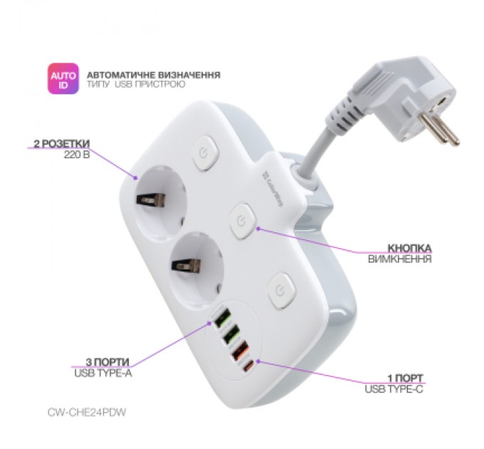 Мережевий фільтр живлення ColorWay CW-CHE24PDW 2 розетки/4USB (CW-CHE24PDW)