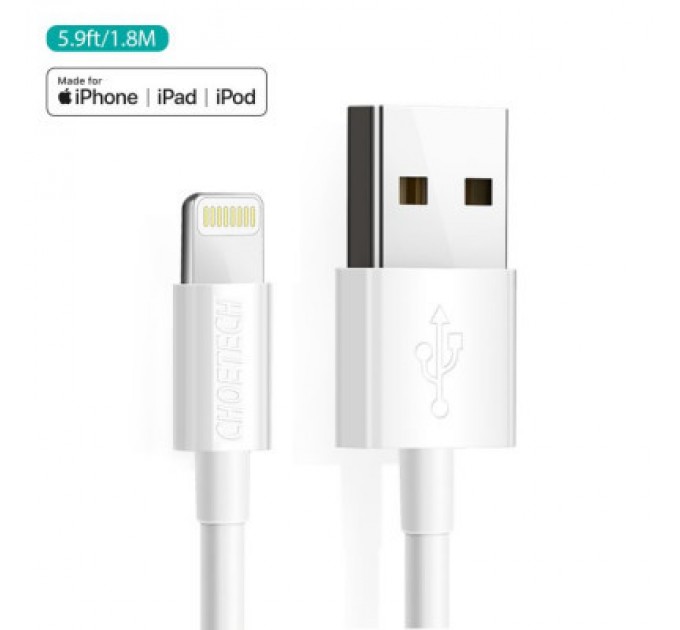 Дата кабель USB 2.0 AM to Lightning 1.8m 2.1A MFI White Choetech (IP0027-WH)