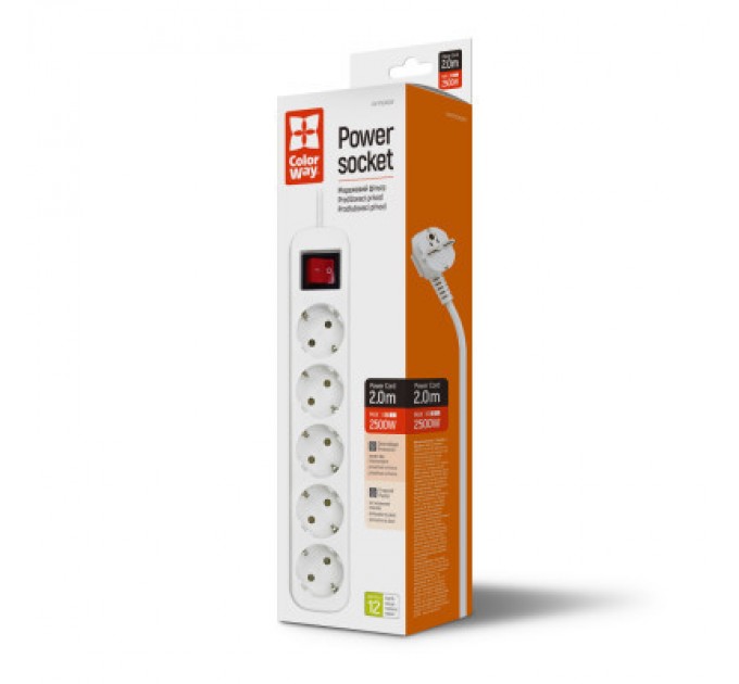 ColorWay Мережевий фільтр живлення ColorWay CW-PSEA52W, 5 розеток/ 2M white (CW-PSEA52W)