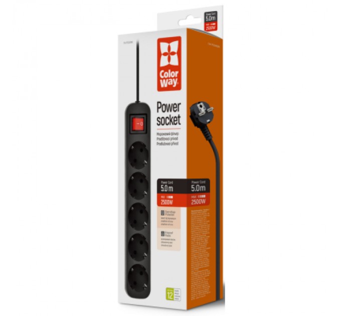 Мережевий фільтр живлення ColorWay CW-PSEA55BK, 5 розеток/ 5M black (CW-PSEA55BK)