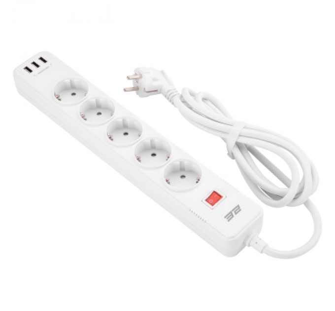 Мережевий фільтр живлення 2E 5XSchuko, 3G*1.5мм, 3*USB-A, 2м, white (2E-SP515M2USBWH)