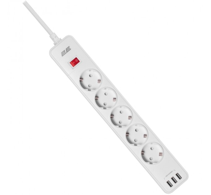 Мережевий фільтр живлення 2E 5XSchuko, 3G*1.5мм, 3*USB-A, 2м, white (2E-SP515M2USBWH)