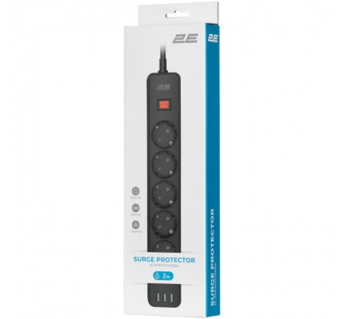 2E Мережевий фільтр живлення 2E 5XSchuko, 3G*1.5мм, 3*USB-A, 2м, black (2E-SP515M2USBBK)