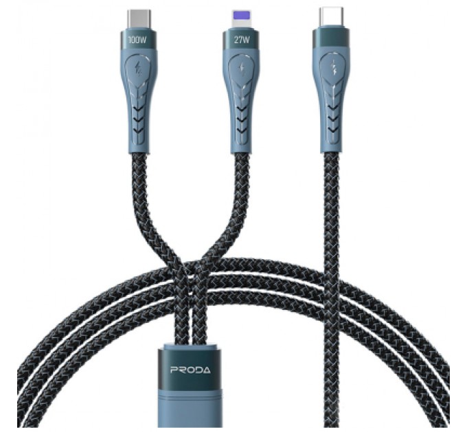 Дата кабель USB-C to USB-C + Lightning 1.3m Azeada PD-B73th 27W/100W data transfer black Proda (PD-B73th-BK)