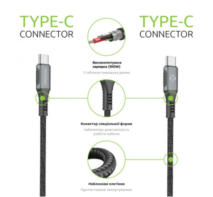 Дата кабель USB-C to USB-C 2.0m CBGPD100WTT2 100W Intaleo (1283126559570)