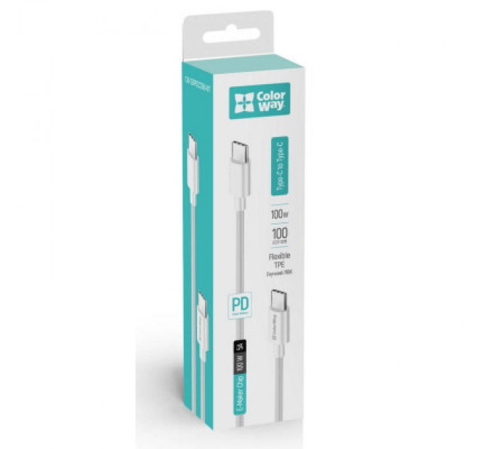 ColorWay Дата кабель USB-C to USB-C 1.0m 5A 100W white ColorWay (CW-CBPDCC058-WT)