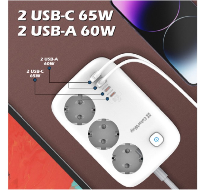 Мережевий фільтр живлення ColorWay CW-CHE34PDW 3 розетки/4USB (CW-CHE34PDW)