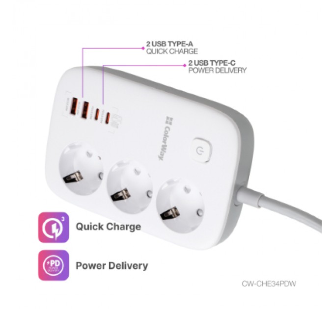 Мережевий фільтр живлення ColorWay CW-CHE34PDW 3 розетки/4USB (CW-CHE34PDW)