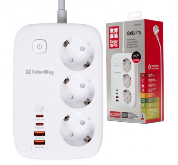 Мережевий фільтр живлення ColorWay CW-CHE34PDW 3 розетки/4USB (CW-CHE34PDW)