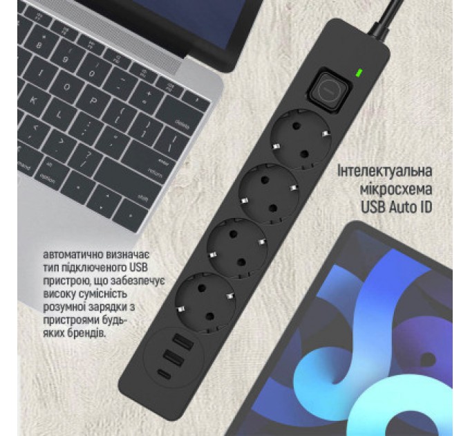 Мережевий фільтр живлення ColorWay CW-CHE432PDB, 4 розетки/3USB 2M (CW-CHE432PDB)