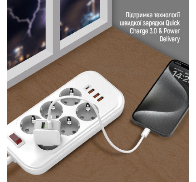 ColorWay Мережевий фільтр живлення ColorWay CW-CHE64PDW, 6 розеток/4USB 2M (CW-CHE64PDW)