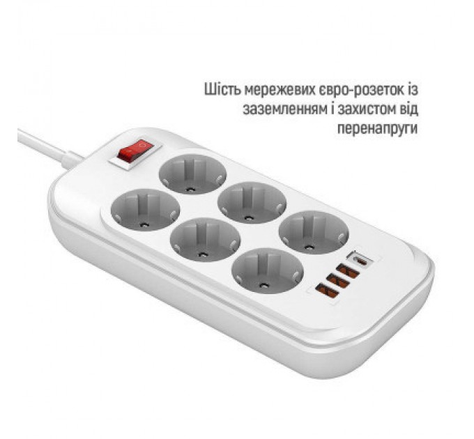 ColorWay Мережевий фільтр живлення ColorWay CW-CHE64PDW, 6 розеток/4USB 2M (CW-CHE64PDW)