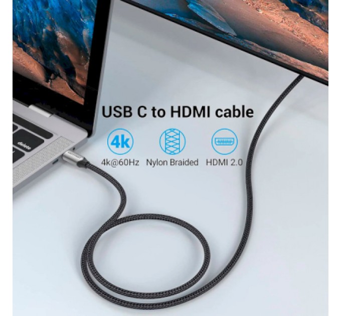 Кабель мультимедійний USB-C 3.1 to HDMI 1.5m 4K 60 Гц Thunderbolt 3 HDCP2.2 PVC Black Vention (CRBBG)