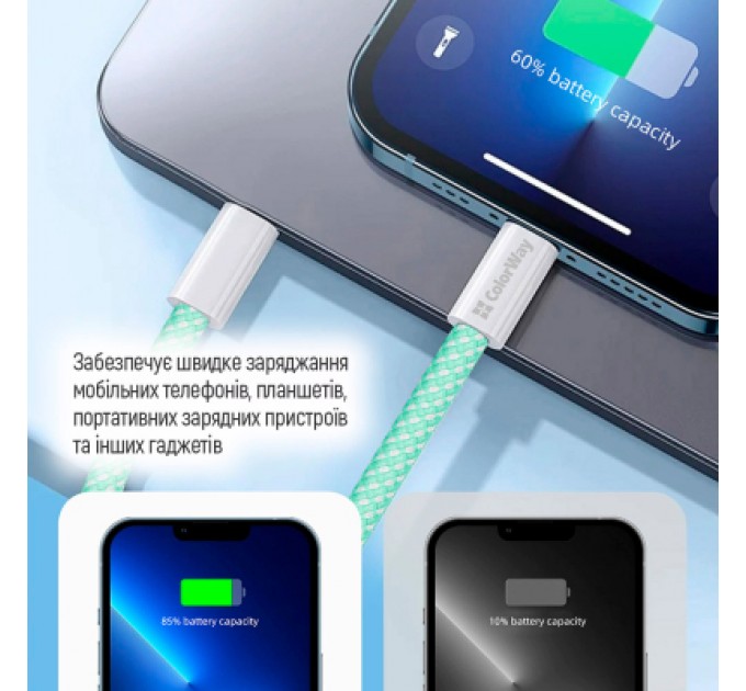 ColorWay Дата кабель USB-C to Lightning 1.0m 27W green ColorWay (CW-CBPDCL061-G)