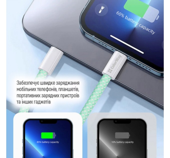 Дата кабель USB-C to USB-C 1.0m 60W 3.0А green ColorWay (CW-CBPDCC061-G)