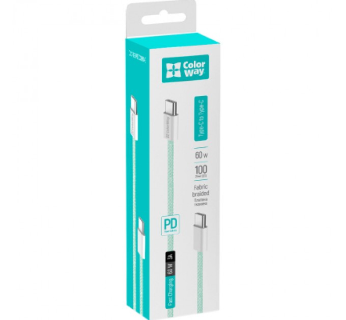 Дата кабель USB-C to USB-C 1.0m 60W 3.0А green ColorWay (CW-CBPDCC061-G)