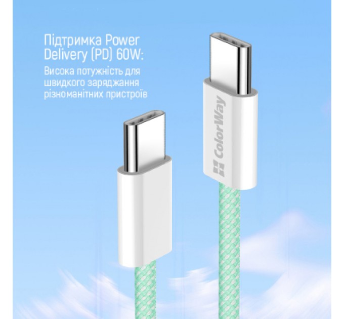Дата кабель USB-C to USB-C 1.0m 60W 3.0А green ColorWay (CW-CBPDCC061-G)