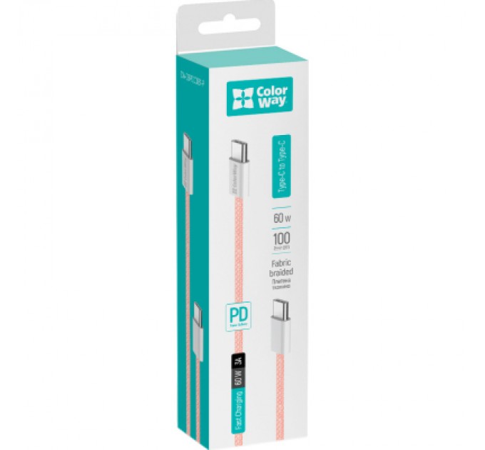 Дата кабель USB-C to USB-C 1.0m 60W 3.0А pink ColorWay (CW-CBPDCC061-P)