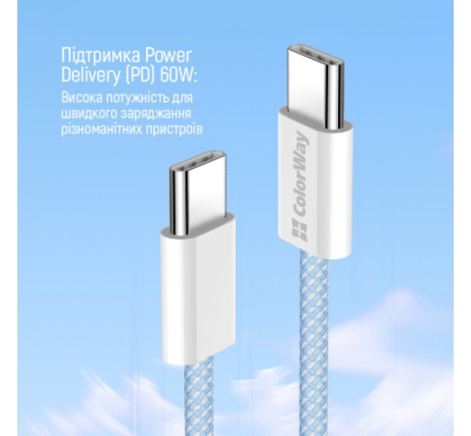 Дата кабель USB-C to USB-C 1.0m 60W 3.0А blue ColorWay (CW-CBPDCC061-BL)