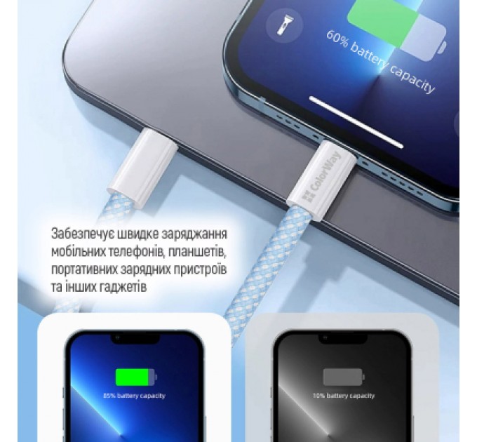 Дата кабель USB-C to USB-C 1.0m 60W 3.0А blue ColorWay (CW-CBPDCC061-BL)
