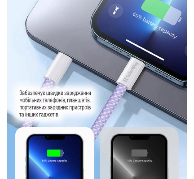 ColorWay Дата кабель USB-C to USB-C 1.0m 60W 3.0А purple ColorWay (CW-CBPDCC061-PU)