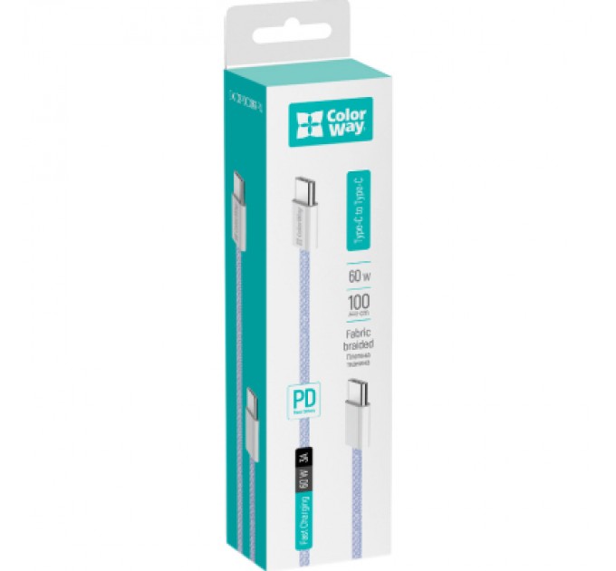 ColorWay Дата кабель USB-C to USB-C 1.0m 60W 3.0А purple ColorWay (CW-CBPDCC061-PU)