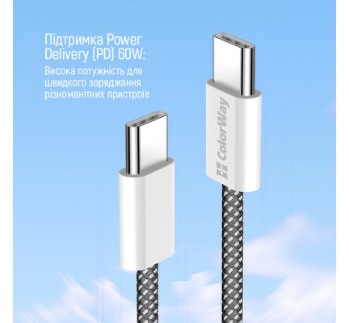 ColorWay Дата кабель USB-C to USB-C 1.0m 60W 3.0А black ColorWay (CW-CBPDCC061-BK)
