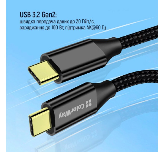 Дата кабель USB-C to USB-C 1.0m USB3.2 (20Gbps 4K PD100W) Gen2 5А black ColorWay (CW-CBPDCC062-BK)