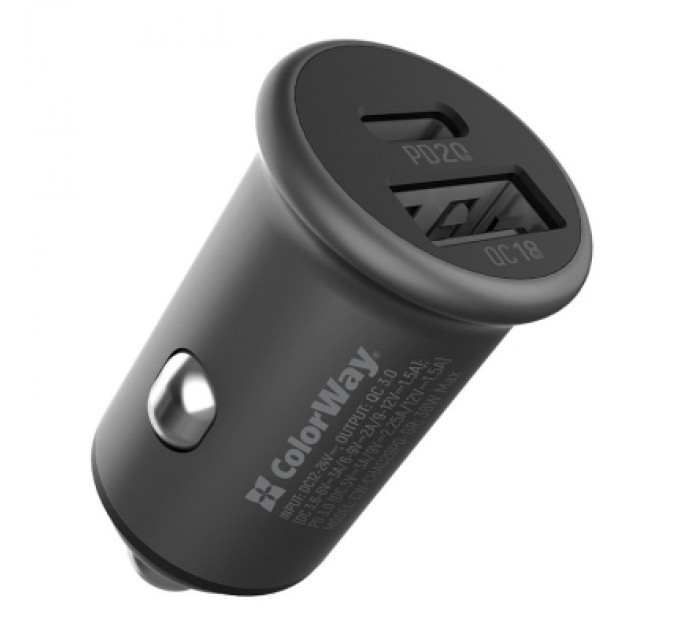 ColorWay Зарядний пристрій ColorWay 2USB Car (Type-C PD20W + USB QC3.0 ) (38W) Gray (CW-CHA029PD-GR)