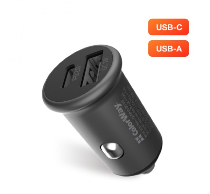 ColorWay Зарядний пристрій ColorWay 2USB Car (Type-C PD20W + USB QC3.0 ) (38W) Gray (CW-CHA029PD-GR)