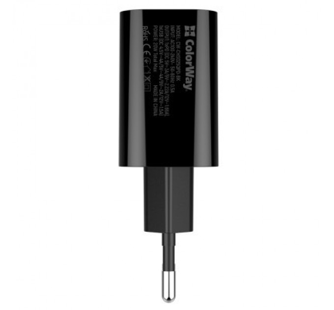 Зарядний пристрій ColorWay Type-C PD + USB QC3.0 (20W) V2 black (CW-CHS025QPD-BK)
